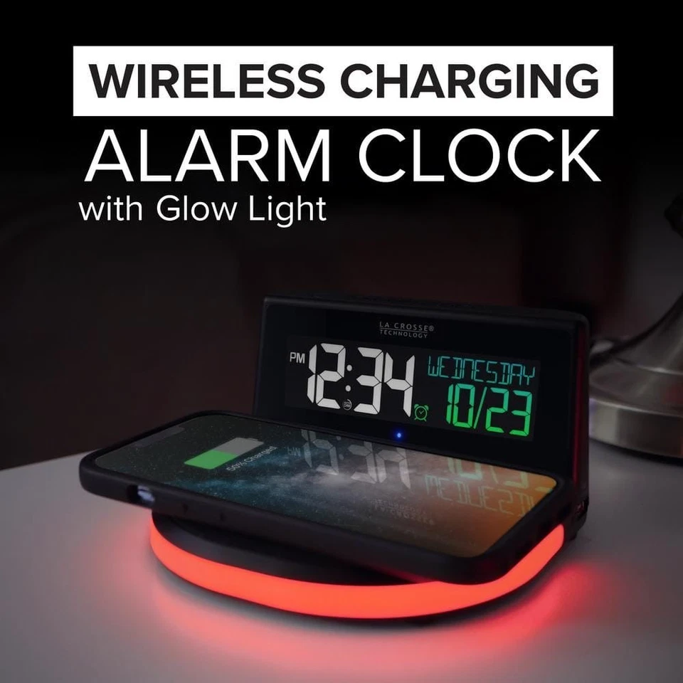Digital Alarm Clock Qi-Certified Wireless Charging Glowing Light Base USB Port - Image 4 of 4
