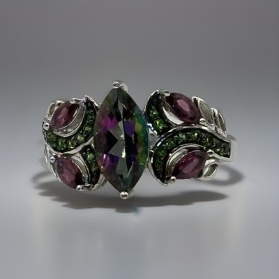 2,69 ctw MYSTIC FIRE GREEN TOPAS, RHODOLITH, CHROMDIOPSD RHODIUM OV SLVR RING