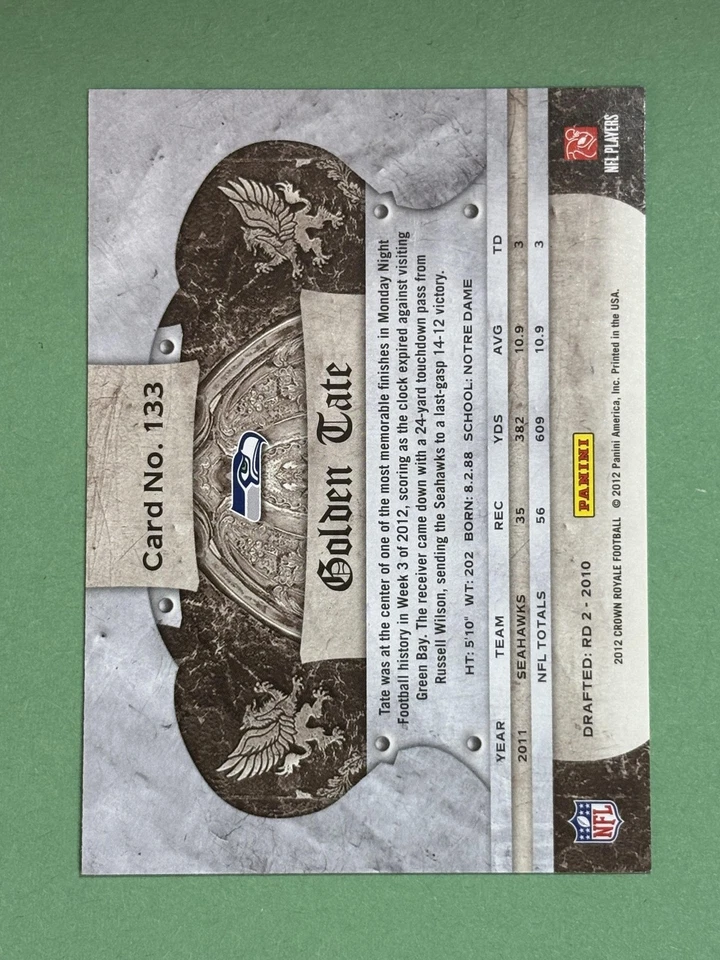 Golden Tate 2012 Panini Crown Royale Retail Seahawks #133   *1624* - Image 2 of 2