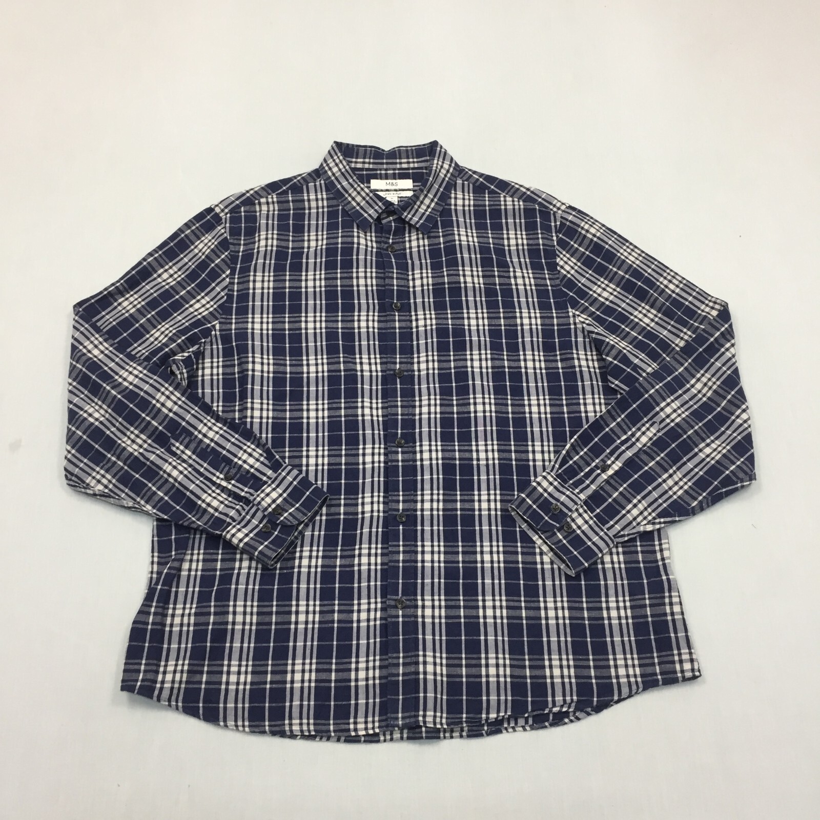 M&S Linen Mix Shirt Mens Extra Large Button Up Long Sleeve Blue Check (XL)
