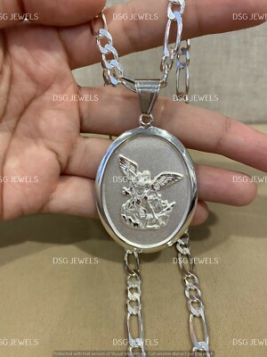 Men's 925 Sterling Silver BIG San Miguel Michael Archangel Figaro Only Pendant