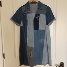 Holding Horses Denim Patchwork Short Sleeve Collar Shift Dress Blue Size 2