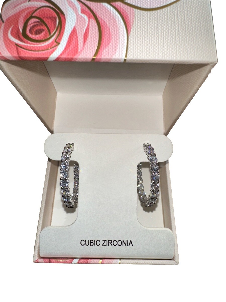 Rachel Ashwell Silver Pave CZ Diamond Tennis Style Hoop Classic Dangle  Earrings