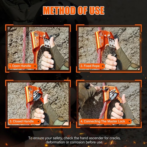 Hand Ascender Rock Climbing Tree Arborist Rappelling Gear Rope L/R 8~13mm 307lb - Picture 12 of 16