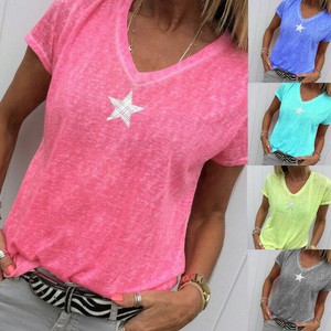 Details about Women Plus Size Stars Print Short Sleeve V-Neck T-Shirt Top Summer Blouse Shirt