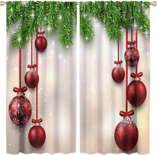 Christmas Blackout Window Curtains, Xmas Traditional Winter Season Theme Fir Twi