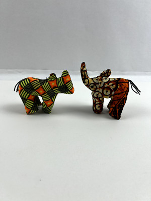 African Styled Stuffed Elephant & Rhino, African Fabric, 3 inch tall, Decor
