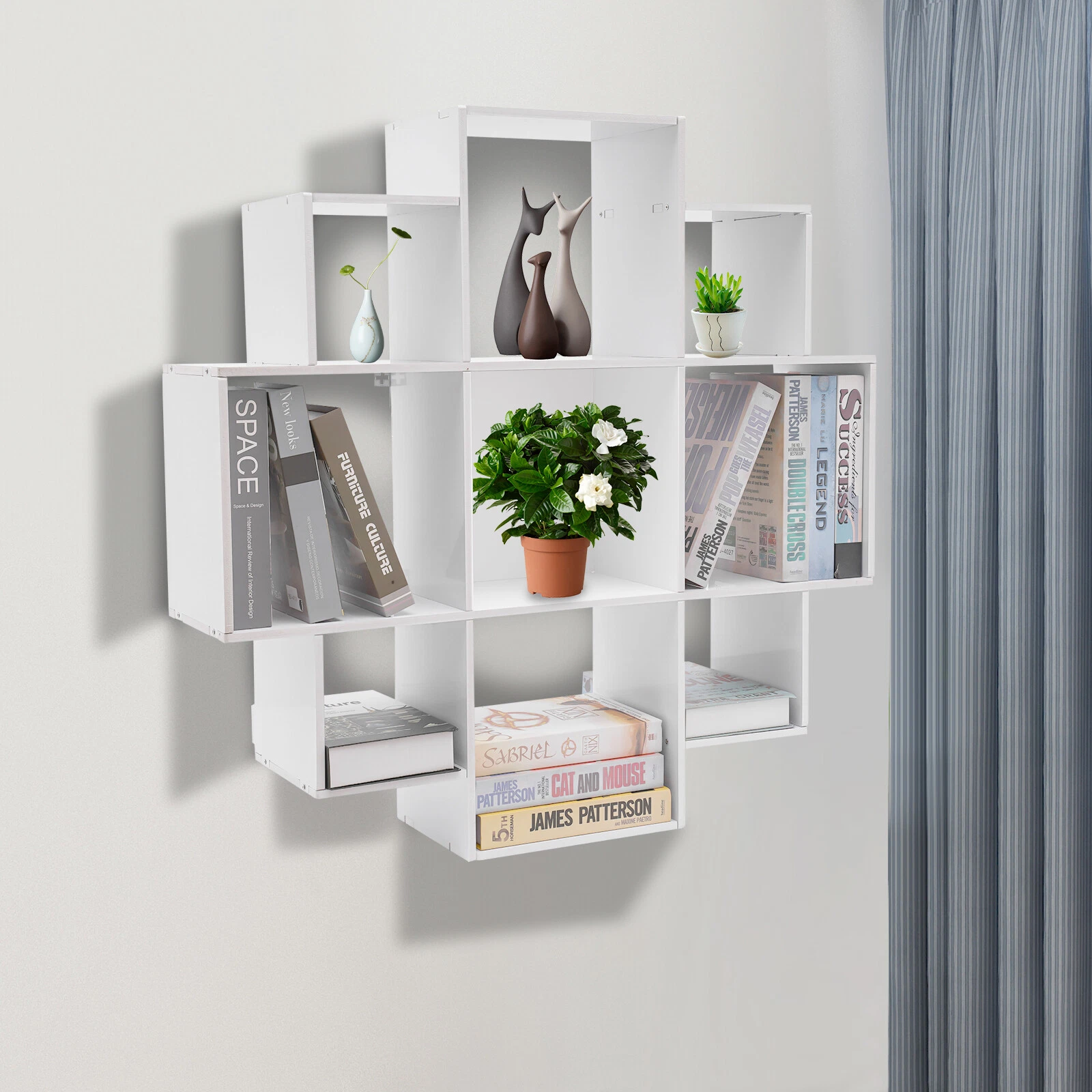 3 Tiers White Bookcase Wall Mounted Book Shelf Bookcase With 9 Compartments