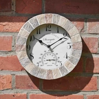 Stonegate Sandstone 10in Wall Clock and Thermometer Outside-In By Smart Garden - Image 1 of 2
