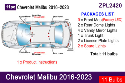 LED Interior Light Kit for Chevy Malibu 2016-2023 + License Plate