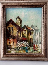 Rene Caron Paris Flower Market Scene Original Oil On Canvas Painting 8.25” x 10”