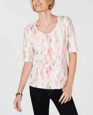 Karen Scott Women's V Neck Pastel-Print Top Short Sleeve Orange S