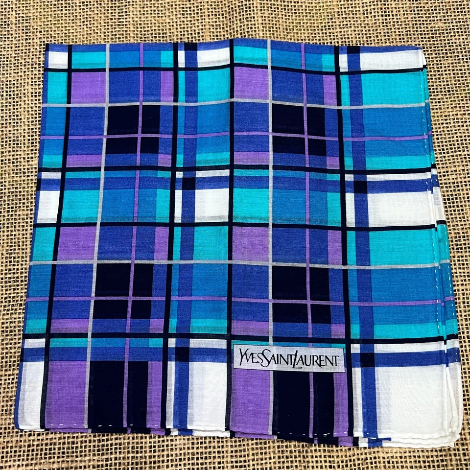 CLASSIC ART GREEN PURPLE MAN PLAID & CHECKS HANKY VTG COTTON POCKET SQUARE 18" - Image 2 of 3