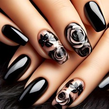 Black False Nails Short - 24Pcs Elegant Rose Press on Nails - Gothic Stick on n