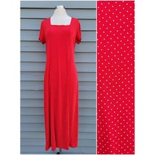 Vintage 90s y2k Slinky Maxi Dress Red Polka Dot Square Neck Short Sleeve L