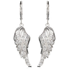 Angel Wing Dangle Earrings Sparkling Cubic Zirconia Crystals, Silver Plated 557