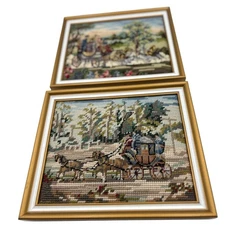 2 Vintage Needlepoint Framed Art Set Carriage Scene Pair Home Decor BRIDGERTON