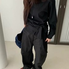 Pocket Seoul Mug Tie Ribbon Blouse Black/Charcoal/Beige New