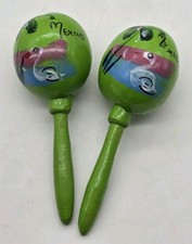 Maracas Green Gourd Shaker Music Hand Painted 2 Piece Mexico 6.5"