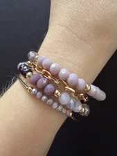 Job Lot Of Four Purple Faceted Glass Stretchy Gold Tone Chain Bracelets Bundle