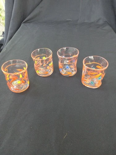 4 PEAN DOUBULYU WACKIE WARE ART GLASS ORANGE SWIRL JUICE GLASSES SIGNED RARE
