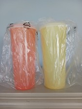 2 New Tupperware 5107 Yellow Orange Tumbler Glasses 16 oz with Lids