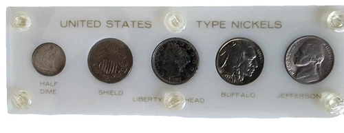 (5) US Type Nickel Set Seated Liberty Half Dime, Shield, V, Buffalo, Jefferson