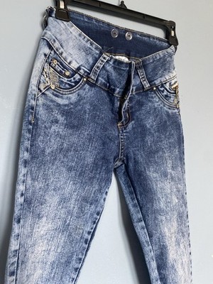 Silver Diva Acid Wash Blue Denim Stretch Button Embellished Jeans