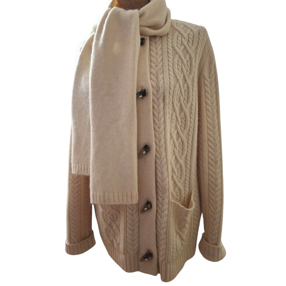 VTG Lauren Ralph Lauren Cream Cable Knit Angora Cashmere Wool Duffle Cardigan PL - Image 2 of 4