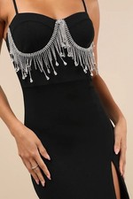 Lulus Divine Extravagance Black Rhinestone Fringe Bustier Maxi Dress Size Small