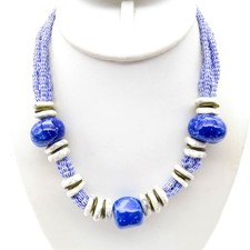 Glazed Ceramic Beaded Choker Necklace in Bright Blue and White