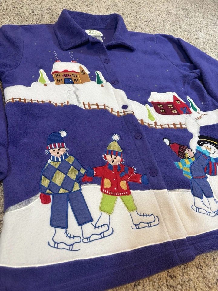 VTG  Quacker Factory Christmas Snow Cardigan Fleece Womens Med Purple Jacket - Image 2 of 4