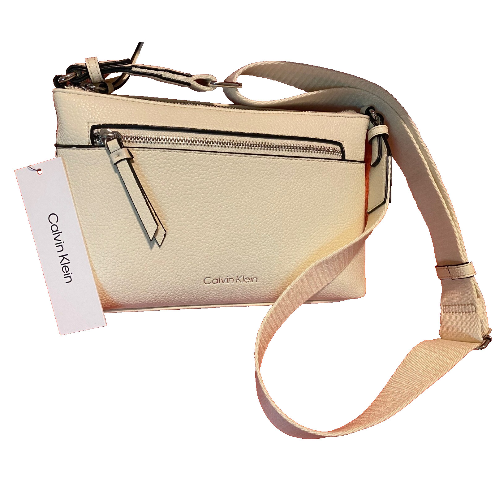 Calvin Klein Crossbody Bag, Front Zip Pocket Adjustable Strap Ivory NEW