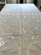 Cotton Linen Beige Tablecloth with White Embroidery 70X114 X-Long Floral VGUC