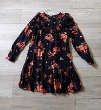 New Look Black Floral Frilled Flared Dress Long Sleeves Boho Retro UK12