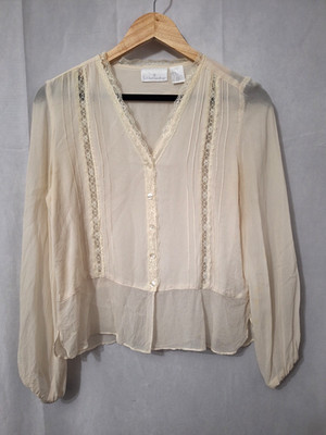 Soft Surroundings 100% Silk Blouse Top Sz Small Long Sleeve Lace Quiet Luxury