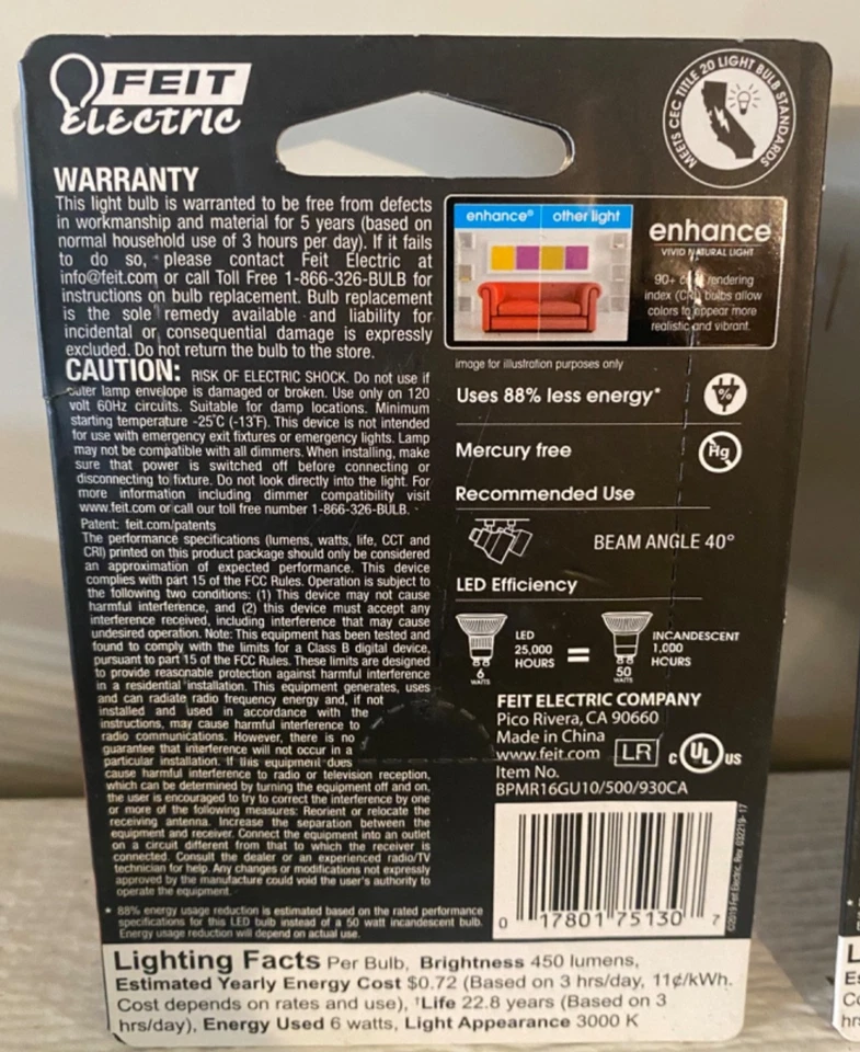 (3) Feit Electric LED MR16 Light Bulb 50-W Dimmable 450 Lumens Bright White NEW - Image 2 of 3