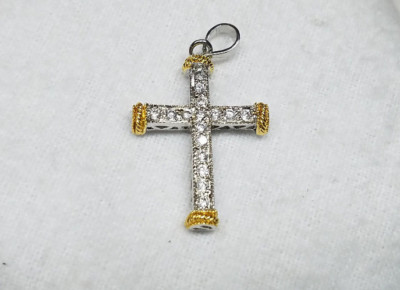 Genuine 925 STERLING SILVER Large Cross Pendant Gold w/clear CZ Stones ...