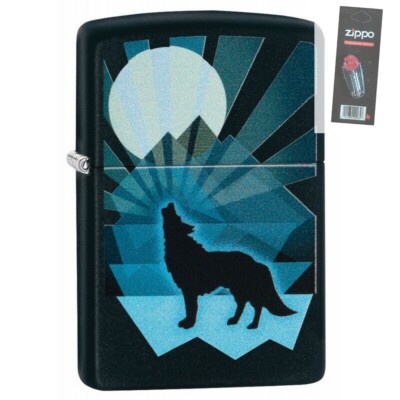 Zippo 29864 Wolf and Moon Design Black Matte Finish Lighter + FLINT PACK