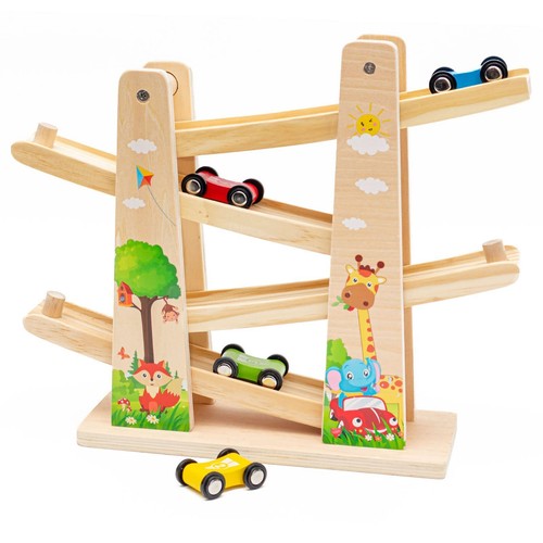 TOOKYLAND Rampe de Voiture Jouet - 8 Pcs - Ensemble de Jeu de Piste de Course par Gravité avec Voitures en Bois, pour Tout-Petits de 18 Mois