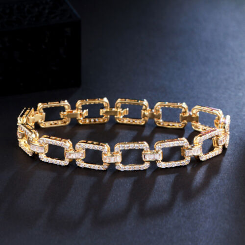 Yellow Gold Plated Cubic Zirconia Square Chain Link Bracelet for Women Pageant - Picture 1 of 15