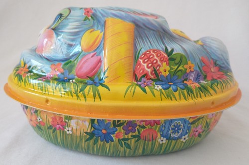 Vtg Plastic Litho-Style Easter Basket Bunny Candy Container w/ Lid-Molded Box - Picture 6 of 13