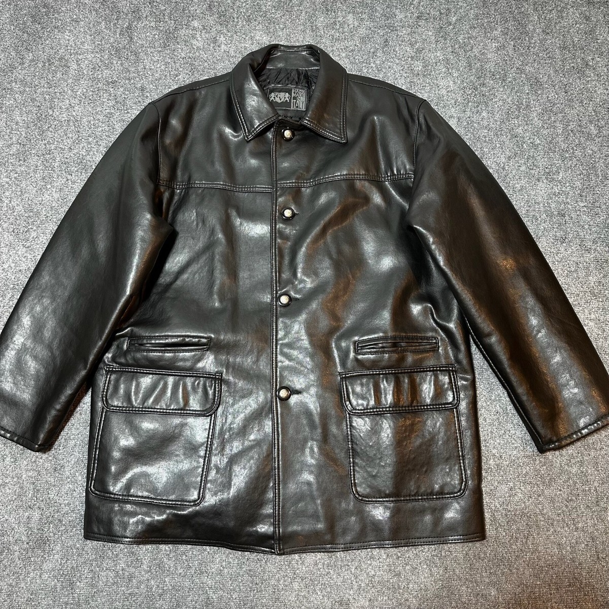 GV Jacket Mens Extra Large Black Faux Leather Handmade Pockets