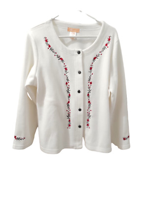 La Cera White Fleece Jacket Snap Front Embroidered Red Florals Womens Large