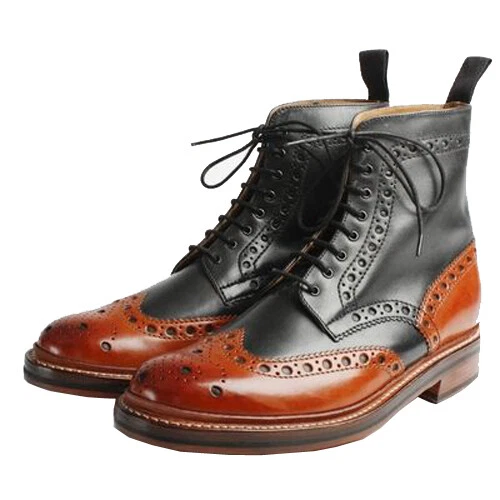 Hombres Hechas a Mano Botas de Cuero Negro Marrón Combate Punta de Ala Brogue Formal Zapatos de Vestir Foto 2 de 4