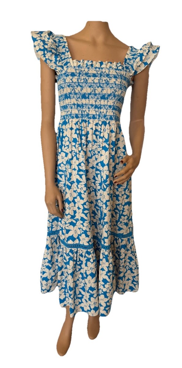 Shoshanna Hilma Smocked Floral Blue Midi Dress Womens Size 2 Flutter Sleeve