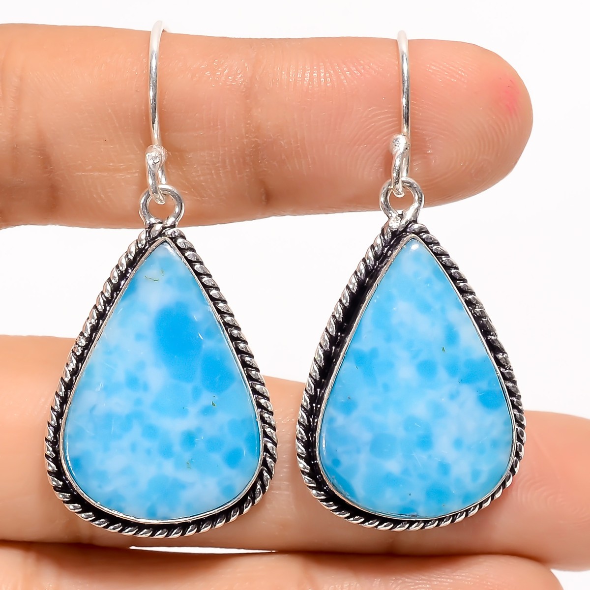 Lab Created Larimar Gemstone 925 Silver Handmade Dangle Earrings