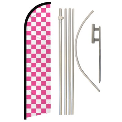 Pink & White Checkered Windless Banner Swooper Advertising Flag Pole Kit Racing