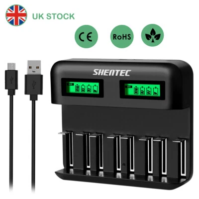SHENTEC Cargador de batería rápido universal de 8 ranuras del Reino Unido y batería recargable AA AAA C D Ni-MH