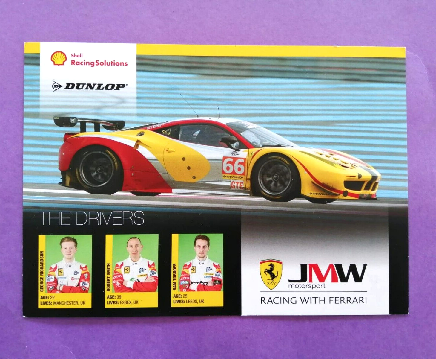 alte Autogrammkarte Ferrari 458 Italia GT, JMW Motorsport, 24h LeMans, 15x21cm
